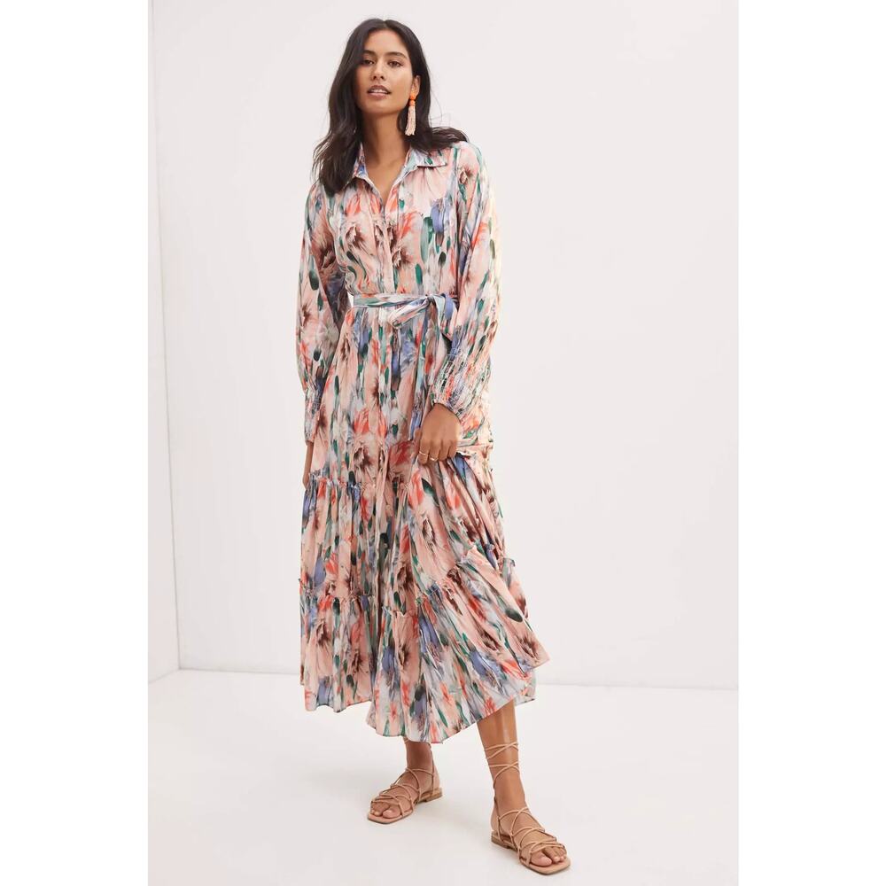 Misa Los Angeles Painterly Modest Button Long Sleeve Elegant Midi Dress NWT XS